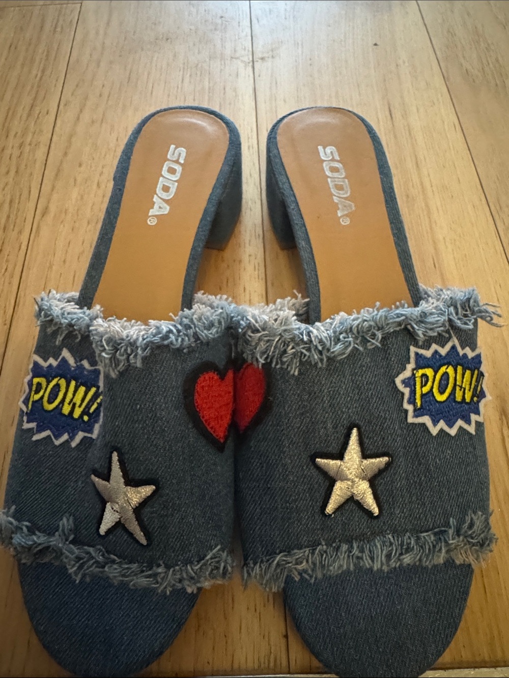 Soda Blue Denim Mule Slides with Red Heart & Silver Stars - Picture 4 of 4